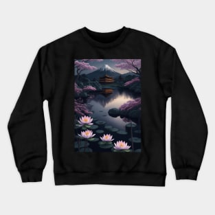 Serene Mount Fuji Sunset - Peaceful River Scenery - Lotus Flowers Crewneck Sweatshirt